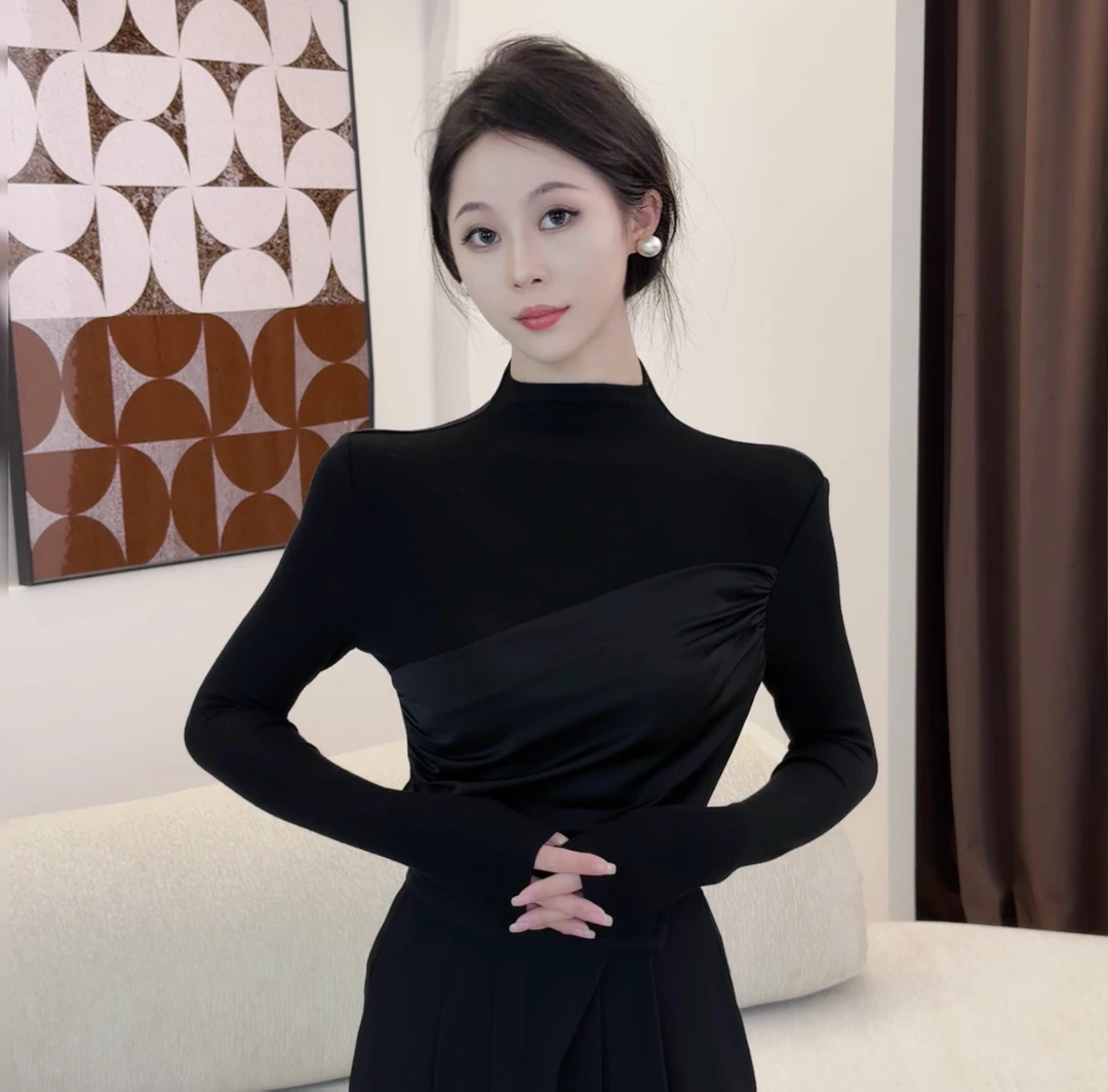 【回归主义】气质黑色半高领拼接长袖T恤女设计感时尚百搭上衣9920