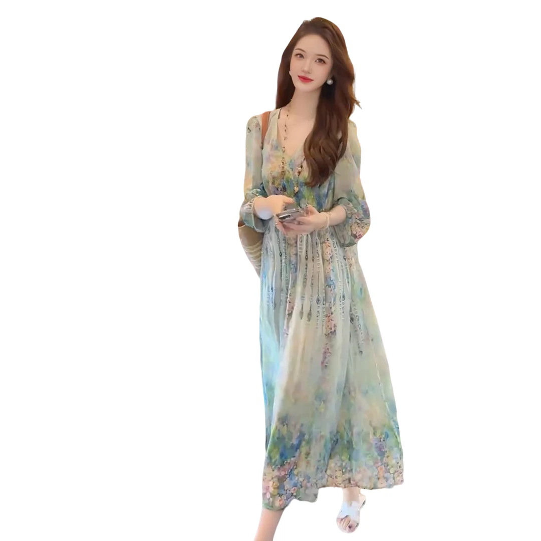 仿丝法式连衣裙女夏季新款气质时尚慵懒显瘦印花仿真丝高级感裙子