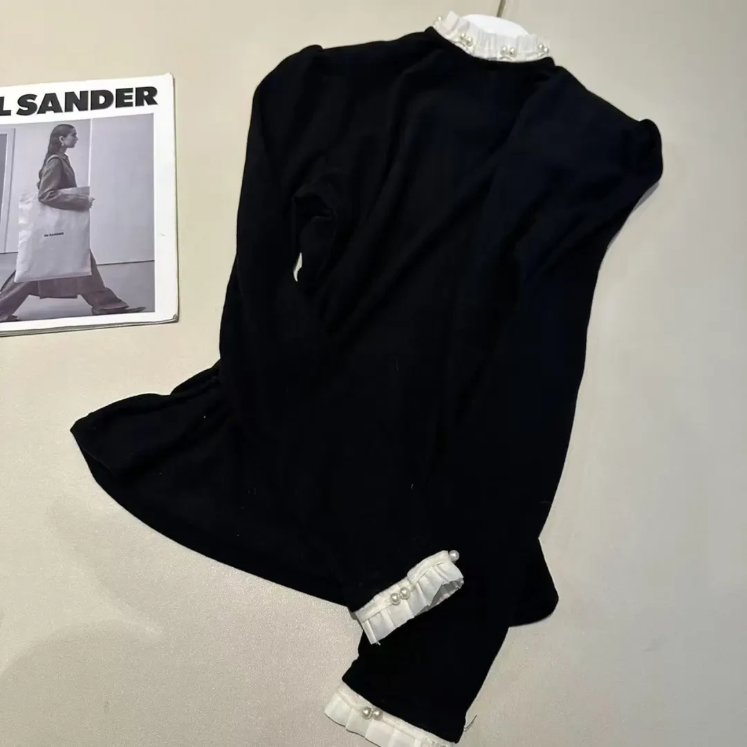 【歌莱图】2025年春季新款时尚纯色洋气木耳边韩版加厚打底小衫7620