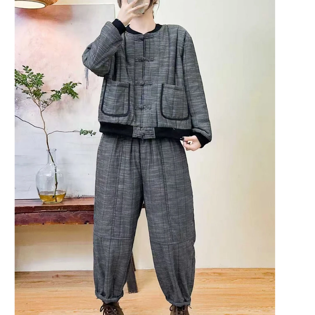冬季加棉女水洗棉衣棉服套装加厚秋冬时尚拼接复古休闲套装小香风