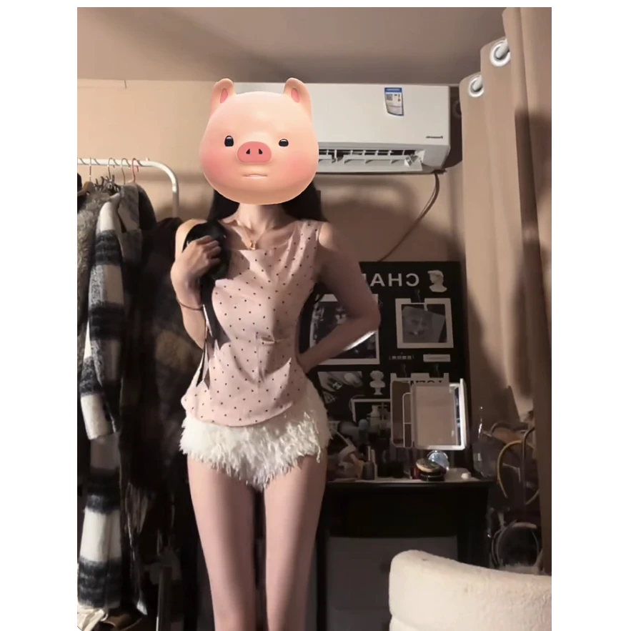 法式时尚甜辣飘带无袖荡领斜肩衬衫上衣女搭配高腰显瘦短裤套装潮