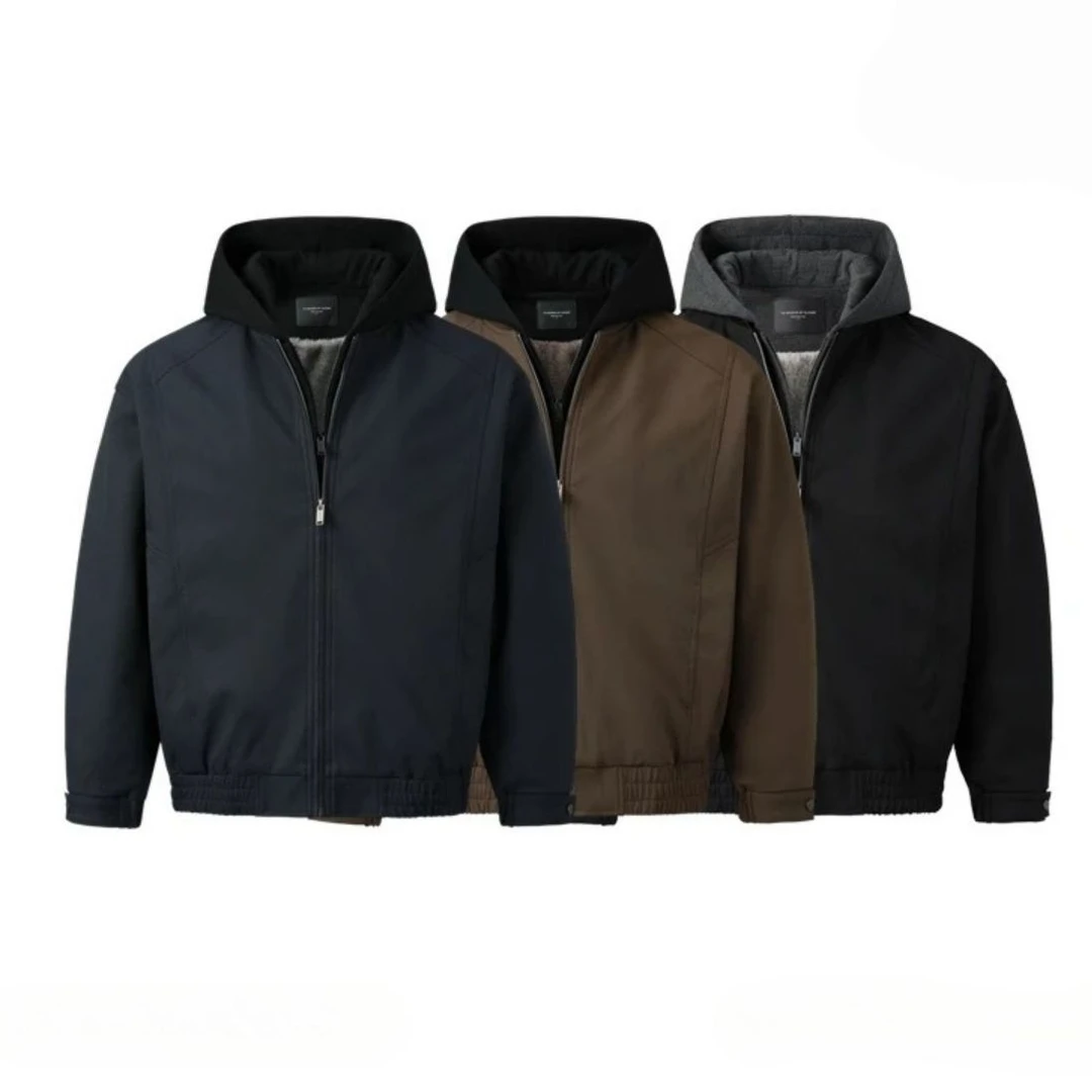 2025冬季假两件拼接连帽加厚夹克外套新品双色毛绒内里棉衣男装潮