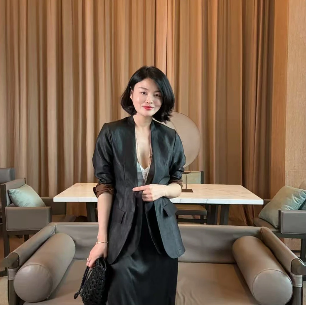 TANTAN 真丝香云纱显瘦修身百搭气质西装外套1092