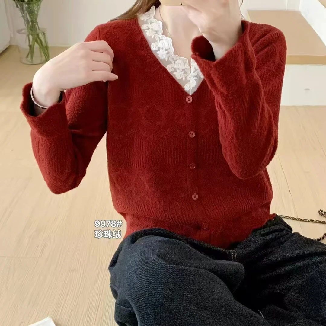 韩国绒薄款女毛针织衫秋冬娃娃领针织衫红色网红衬衫衫6021