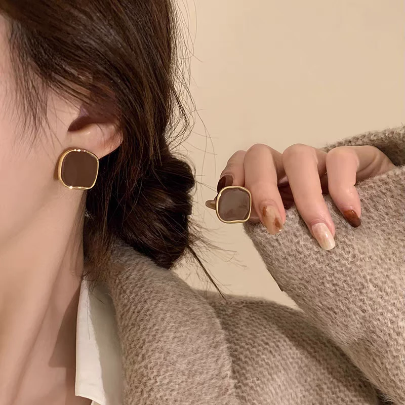 合金耳饰 999纯银针美拉德方形耳钉女轻奢高级感气质棕色秋冬耳饰