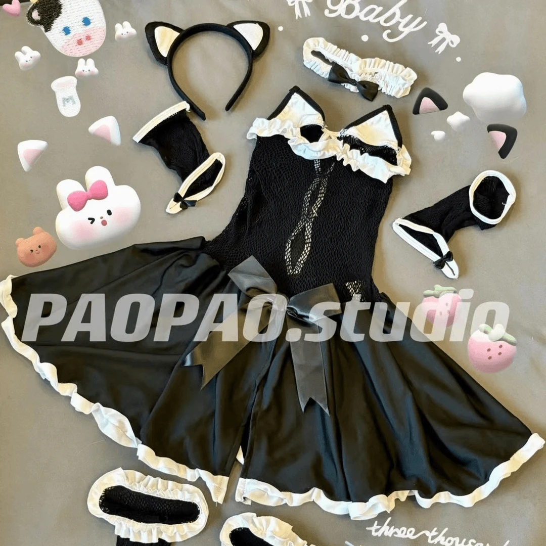 网衣甜美女装复古小猫法式lolita睡裙荷叶边私房情睡衣禁欲系