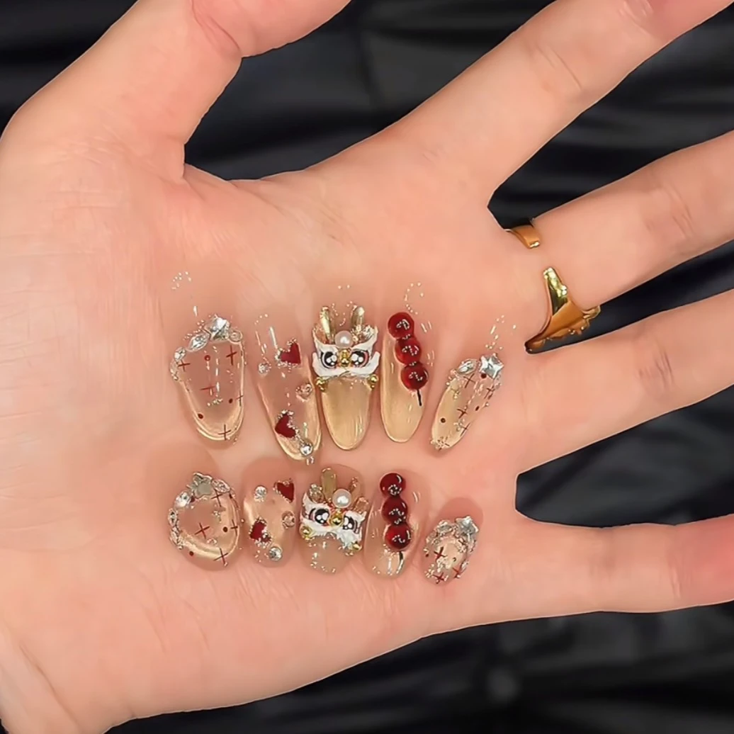 【心悦醒狮】-美甲店手工穿戴甲可重复佩戴10片    果冻