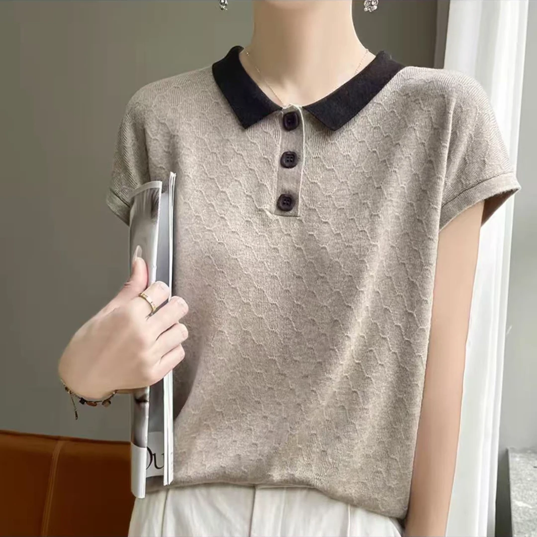 2025新款精致小方领针织短袖女士薄款气质宽松显瘦小翻领