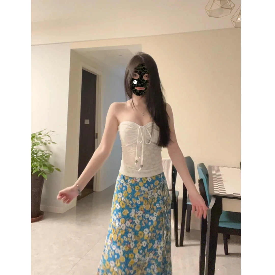 春季新款边度假风套装法式抽绳抹胸背心上衣蓝色碎花半身裙两件套