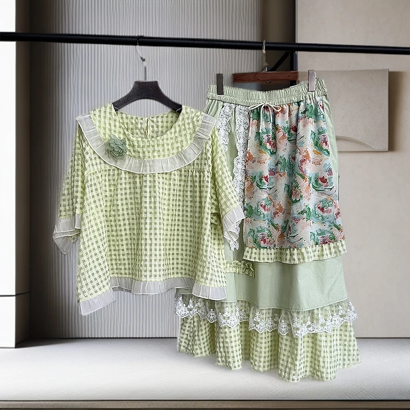 大码女装甜美可爱风格衣服套装240斤女胖妹妹时尚两件套2025新款