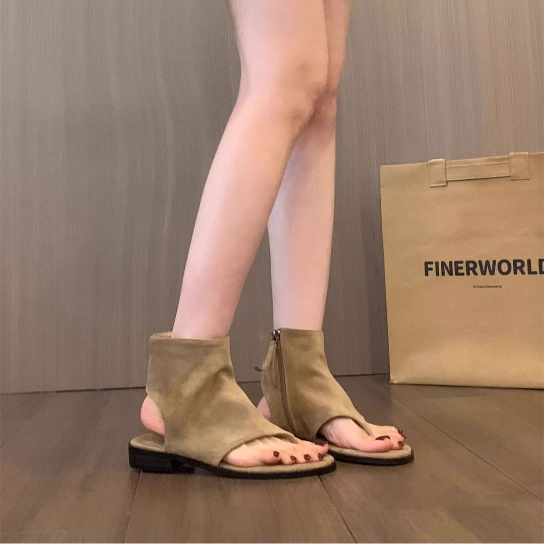 【万象撤柜】夹趾凉鞋女外穿2025夏季人字拖度假罗马鞋复古短筒凉靴