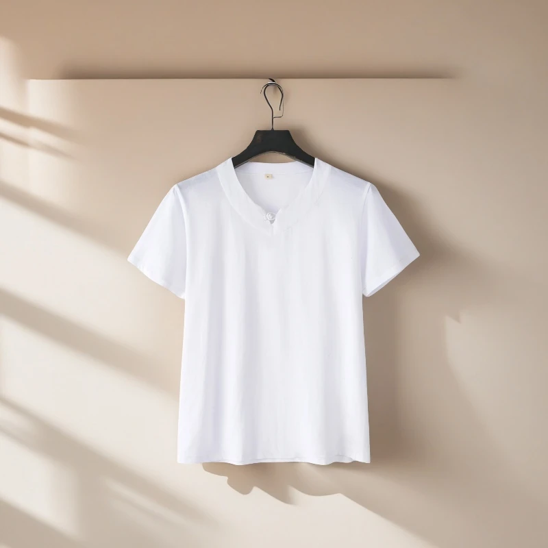 YIZHENSHUO/一真说【纯棉短袖】夏季唐装纯色透气V领盘扣T恤休闲