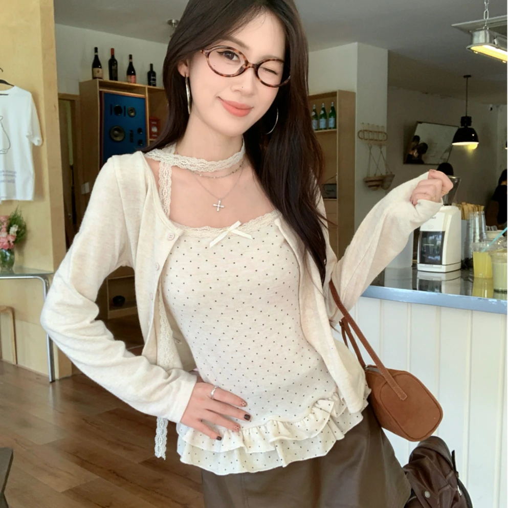 纯欲甜美蕾丝拼接波点荷叶边吊带针织开衫两件时尚套装女秋季穿搭