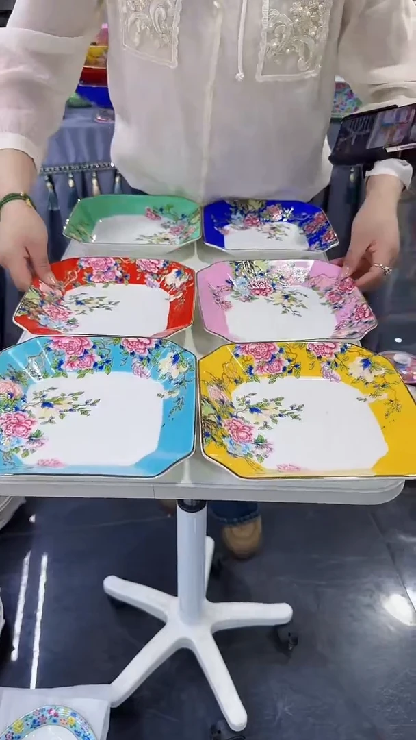 瓷片8英寸景德镇陶瓷方盘6个混色