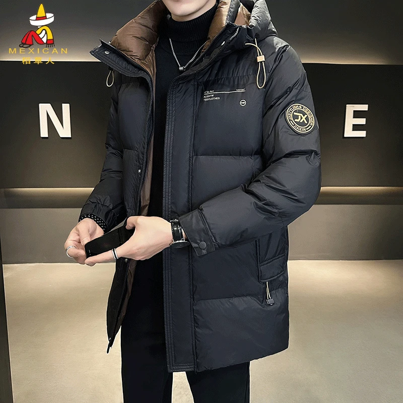 稻草人防寒中长款羽绒服男冬季2025新款潮流韩版修身帅气保暖外套