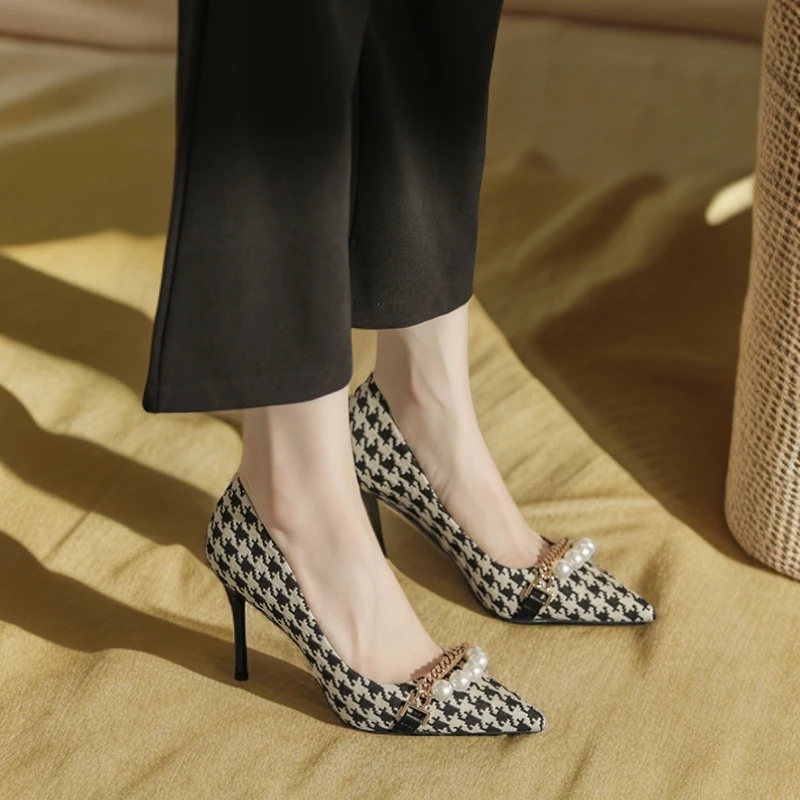 千鸟格高跟鞋女2025新款春秋细跟法式气质职业工作鞋浅口尖头单鞋