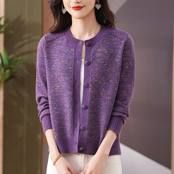 春秋妈妈针织开衫上衣混彩外套宽松休闲小个子女装针织外套毛衣