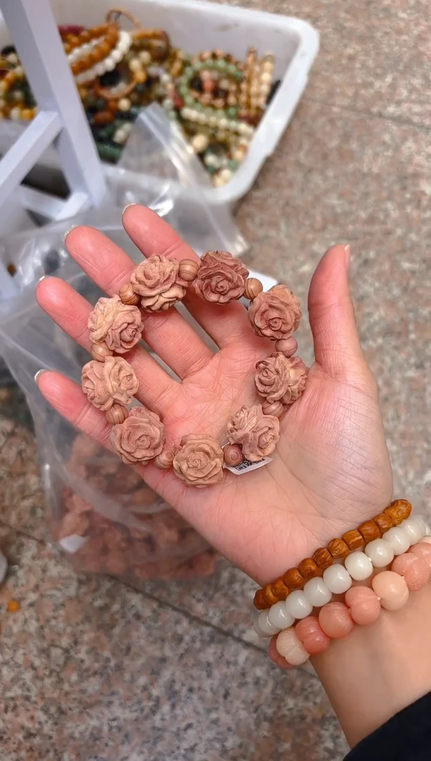 吊坠菩提根/象牙果粉色玫瑰花单圈