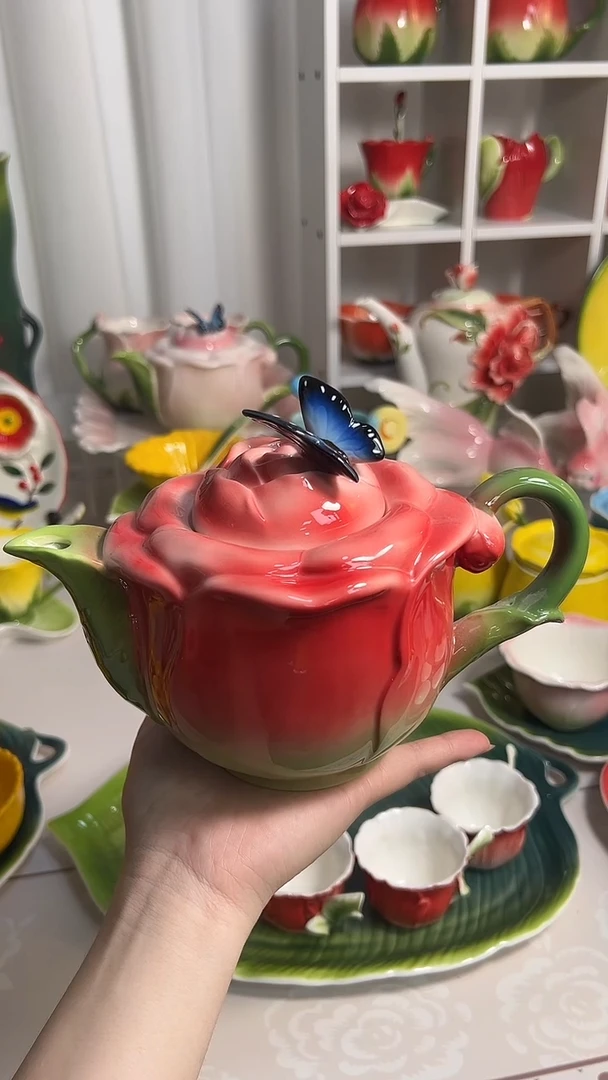 瓷红色玫瑰花茶壶，，，，