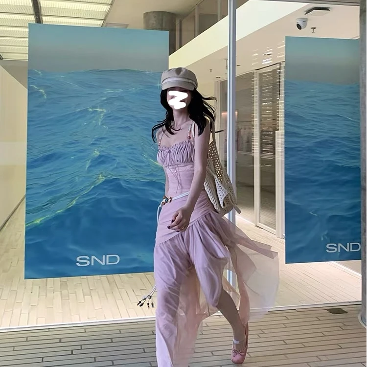 2025新款度假风无袖超仙高腰显瘦不规则长款吊带拼接网纱连衣裙女