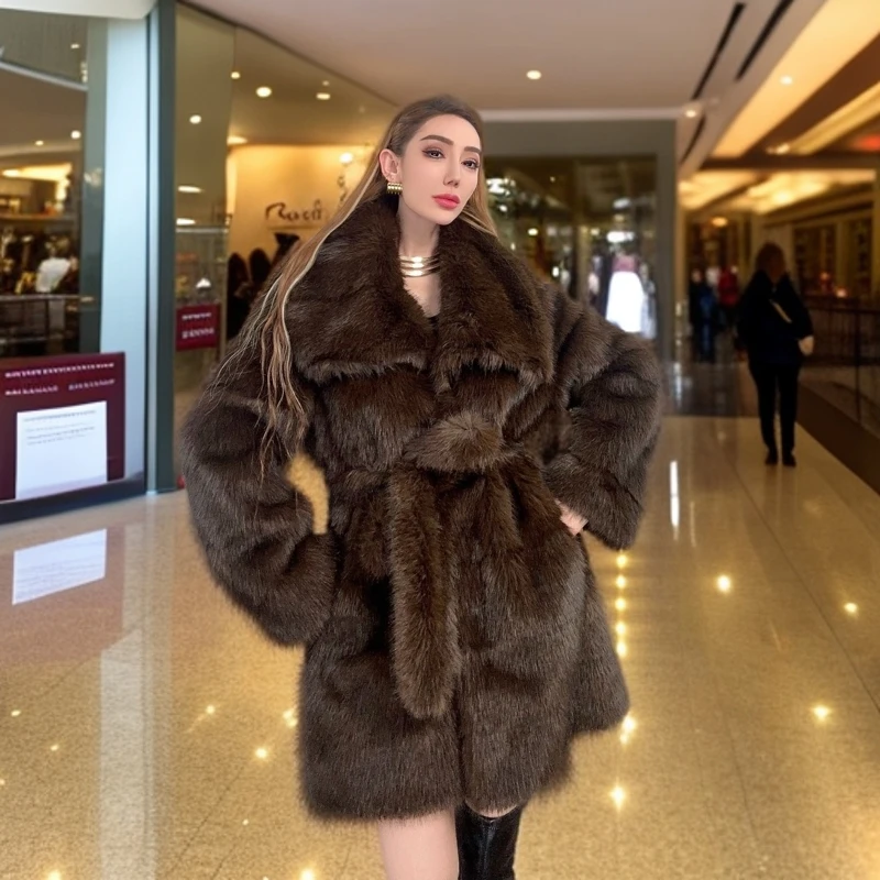 2024秋冬设计师中长款紫D腰带毛毛外套ML