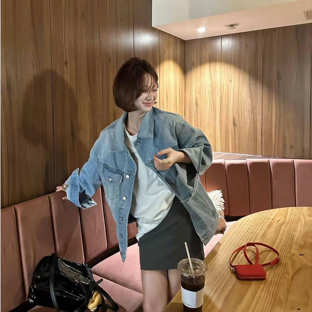 港风水洗牛仔开衫大版男女情侣款百搭长袖外套