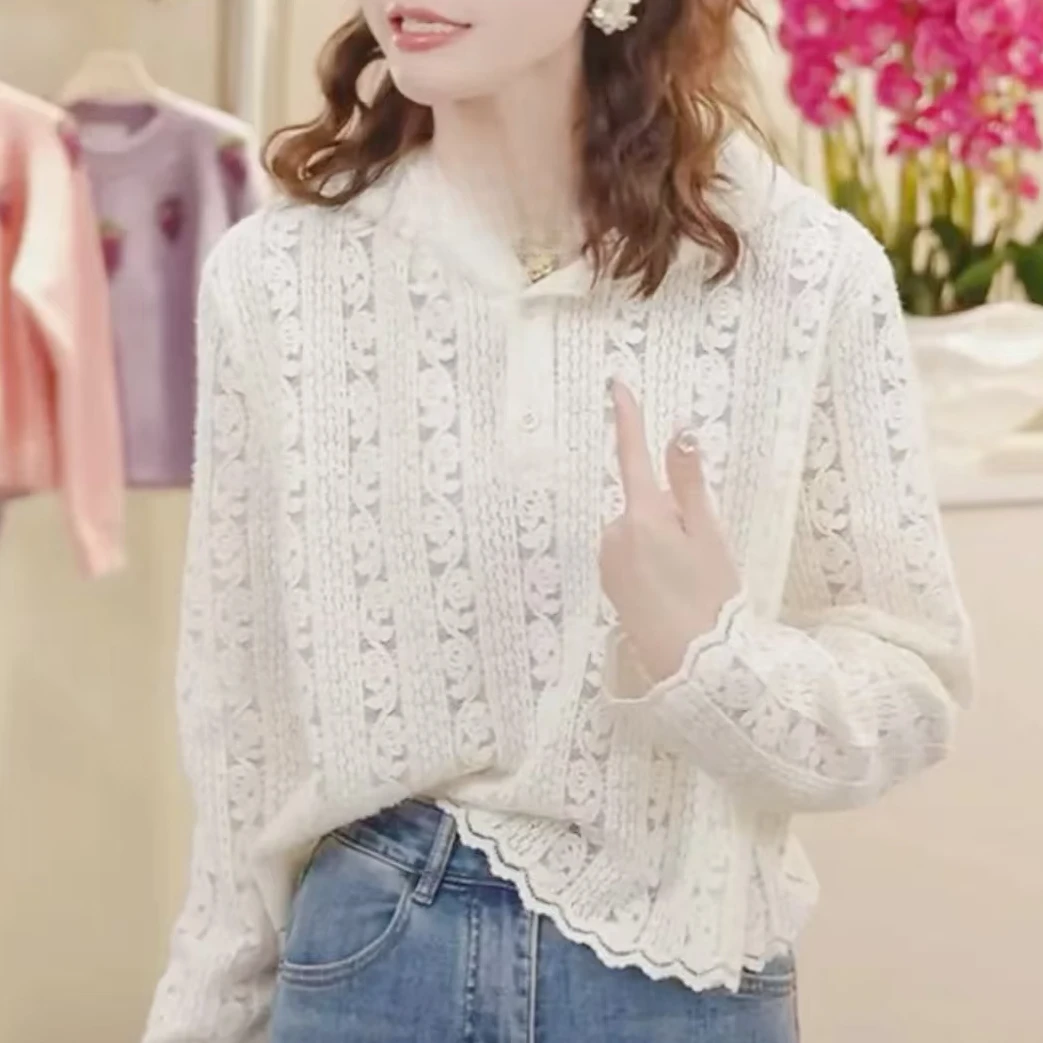2025镂空高级新款宽松连帽长袖钩花蕾丝小众时尚气质百搭打底上衣