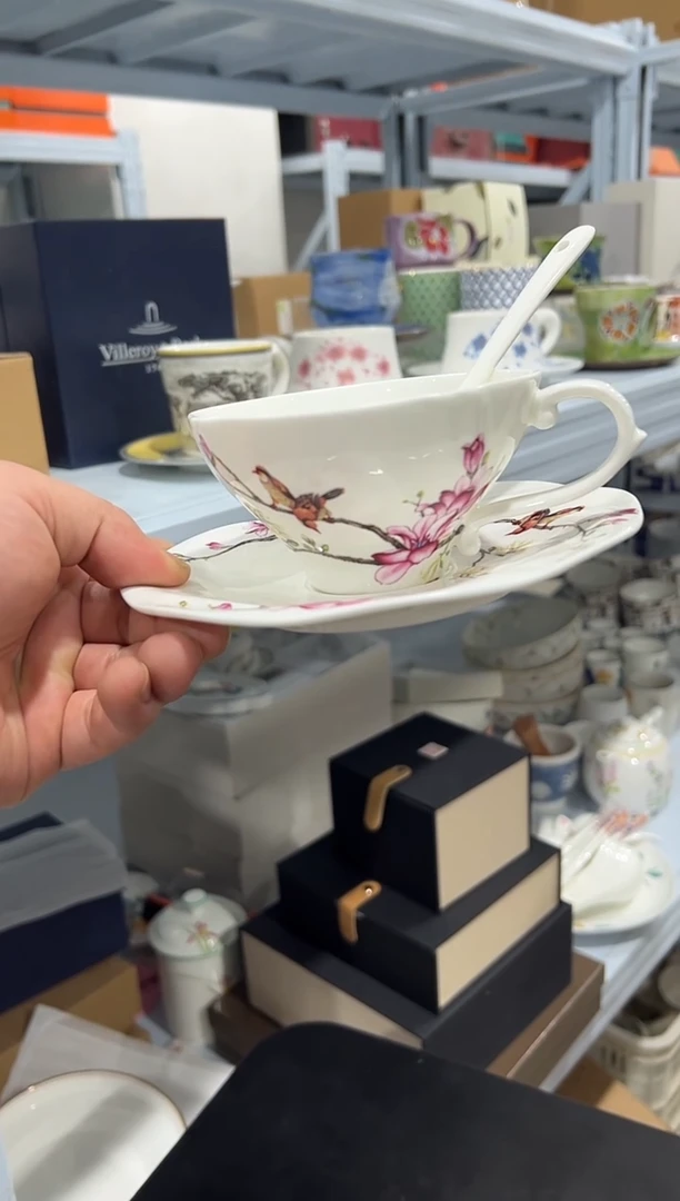 杯子骨瓷（简装）喜上眉梢咖啡杯碟一套+小勺