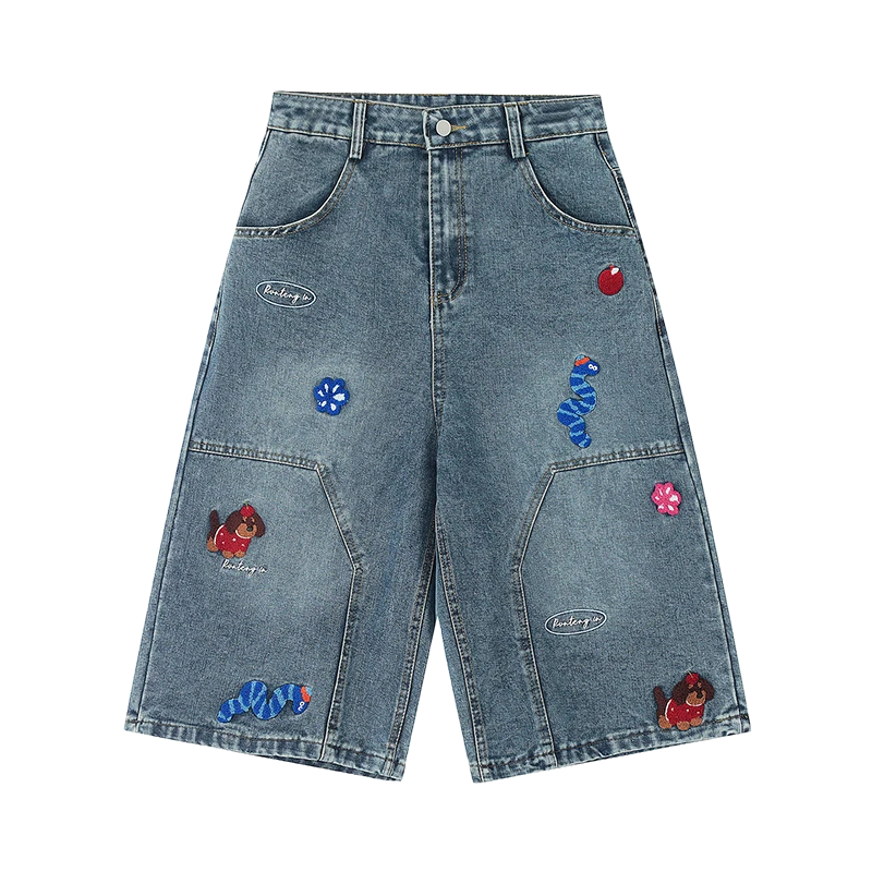特大码胖mm复古趣味刺绣蓝色牛仔七分裤女2025夏季高腰直筒短裤子