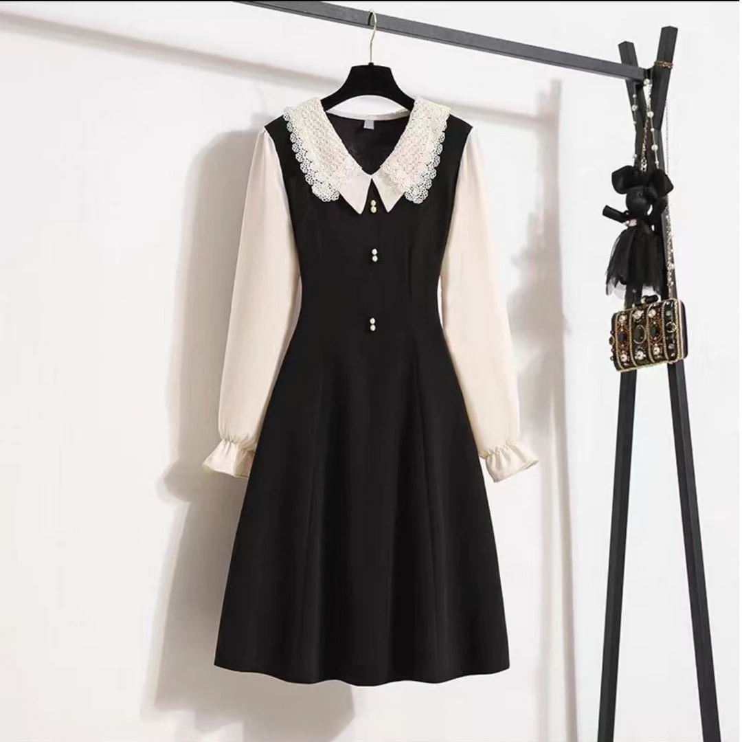 F1018 （微瑕）秋季圆领常规背心连衣裙蕾丝长袖连衣裙