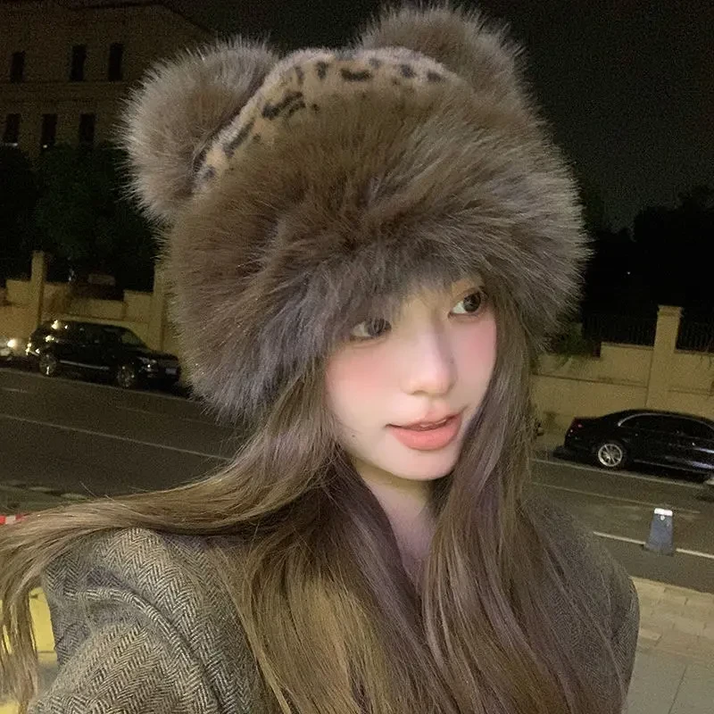 小熊耳朵豹纹毛绒蒙古帽女款秋冬仿皮草加厚保暖时尚百搭包头LQ