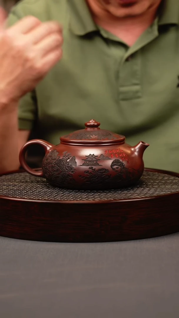 茶壶紫砂石红 大寒江 刻绘