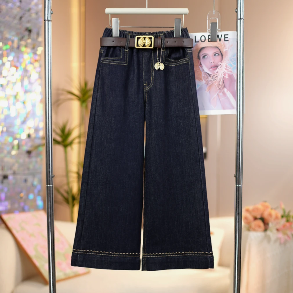 女童2025秋新冬净色脚口刺绣牛仔裤中大童时尚百搭儿童直筒裤子