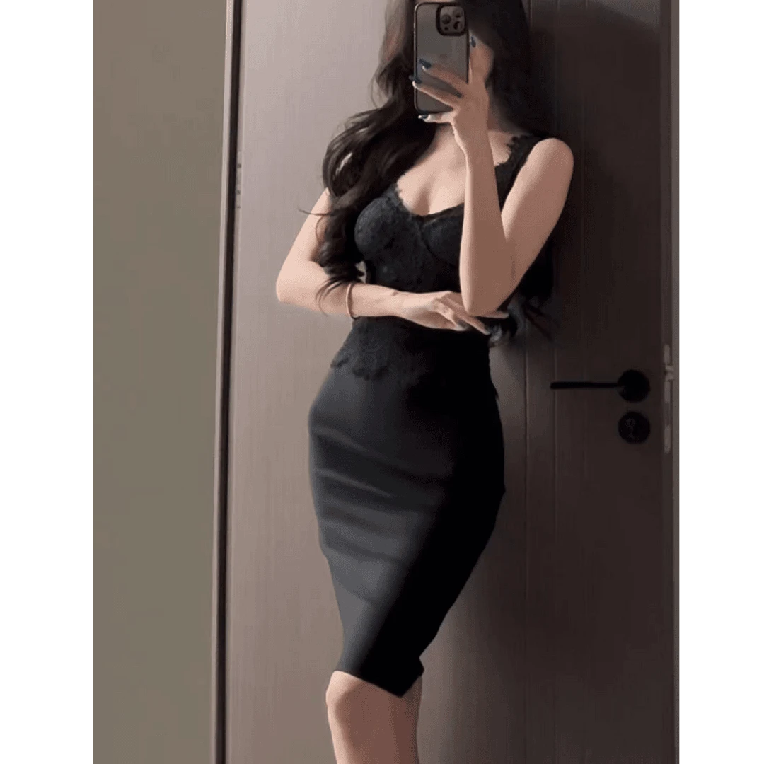 纯欲御姐风蕾丝吊带背心带胸垫+绷带包臀裙性感显瘦两件套装