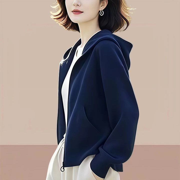 秋冬季清冷系衣服藏青色宽松短款韩版简约轻熟风连帽拉链开衫外套