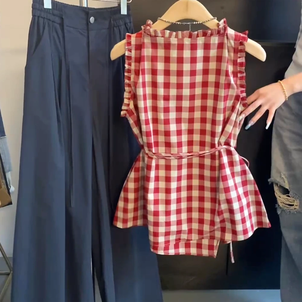 【格纹诗语】复古小众拼接木耳边褶皱收腰绑带无袖衬衫女夏季