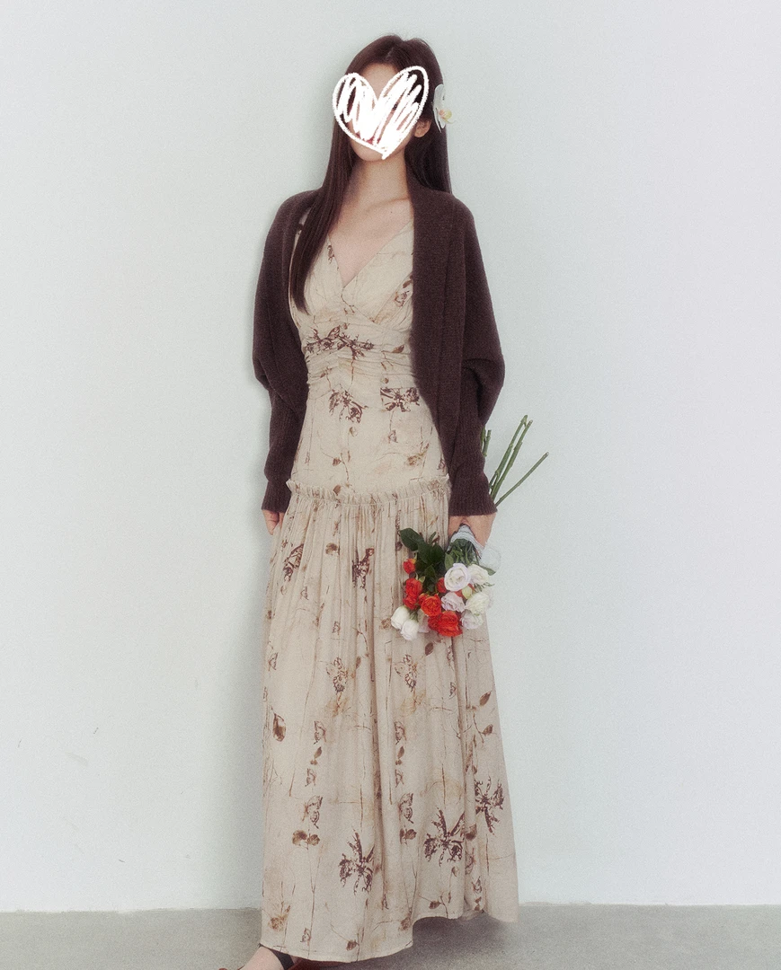 早秋慵懒风温柔穿搭连衣裙套装无袖碎花裙子开衫两件套女装00179