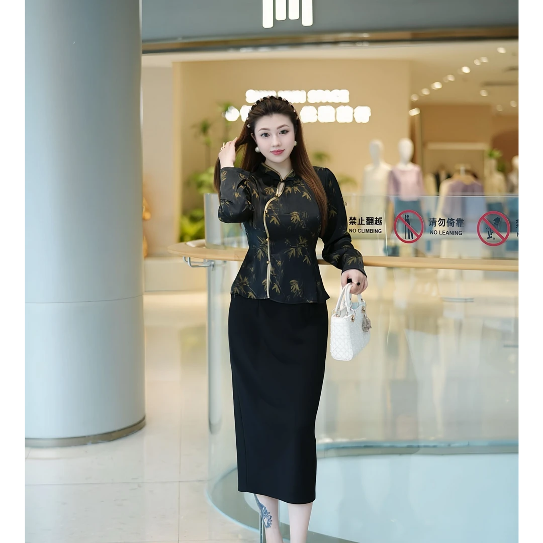 XYD71690新中式斜对襟国风盘扣复古大码女装长袖立领套装