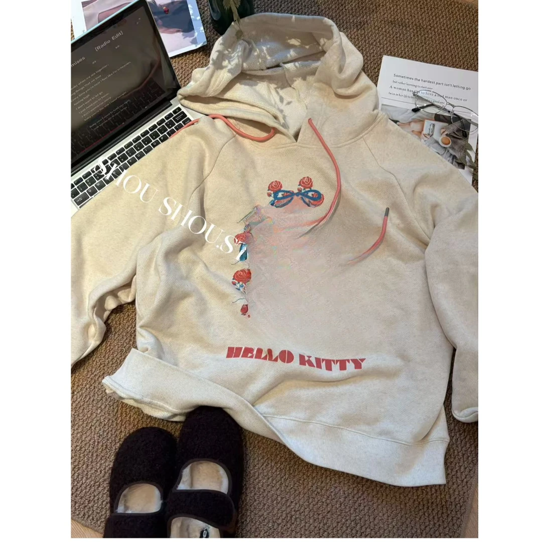 【瘦瘦】KT花园-大码连帽全棉印花休闲百搭宽松套头卫衣S02043