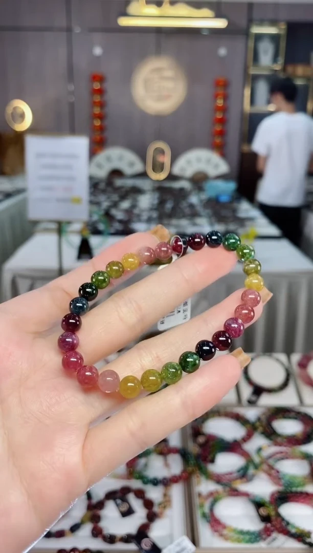 老矿碧玺油画色标彩虹单圈手串6mm+未镶嵌碧玺dan多样性发货一条