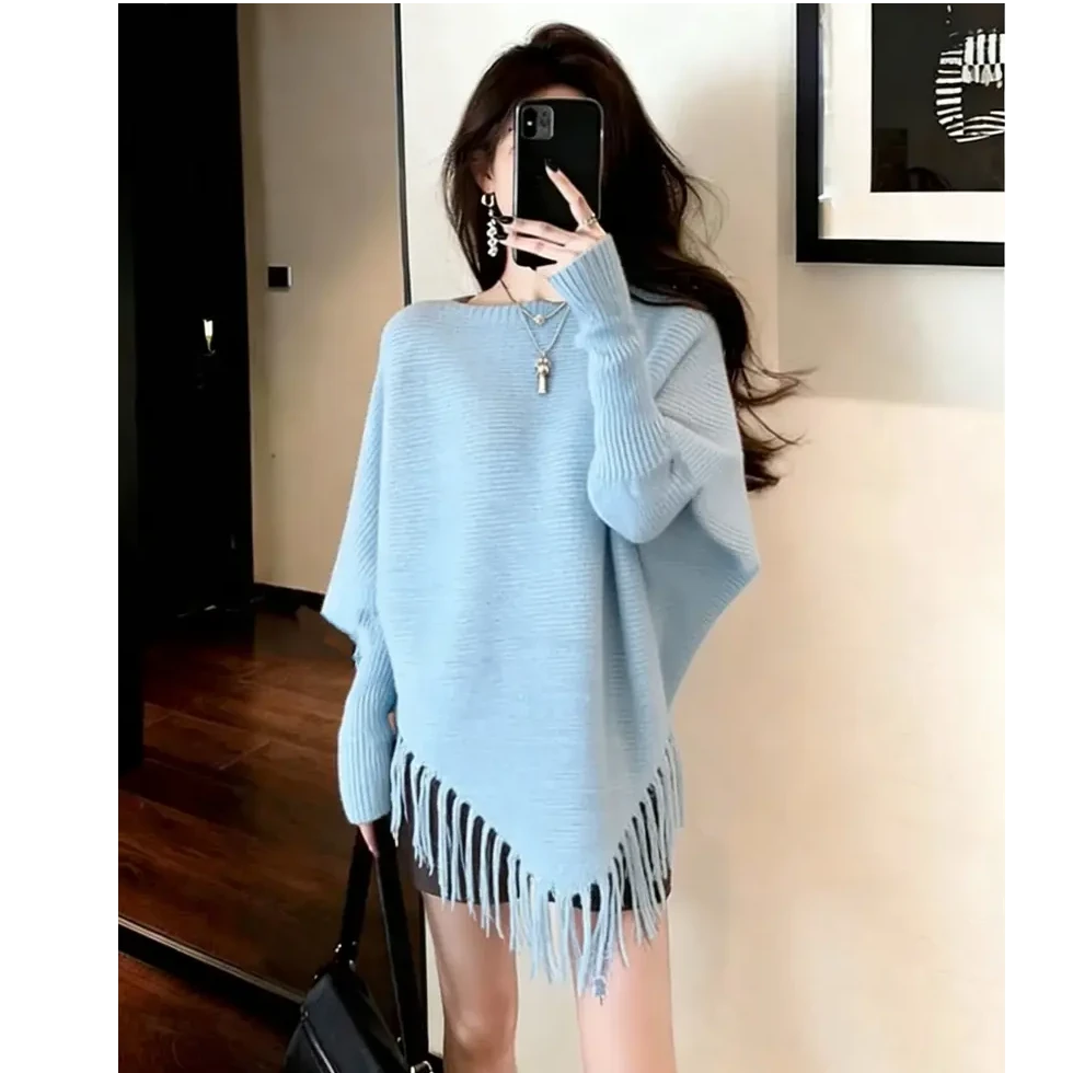 设计感女不规则宽松蓝色流苏冬季毛衣慵懒风针织上衣秋冬新款