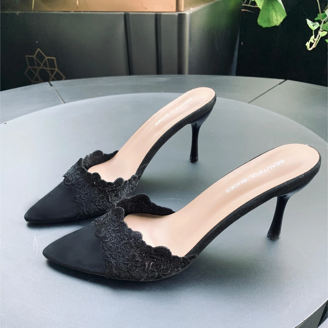 【私夏语专属】尖头宴会高跟鞋新款香槟金绣花凉拖鞋刺绣细跟单鞋