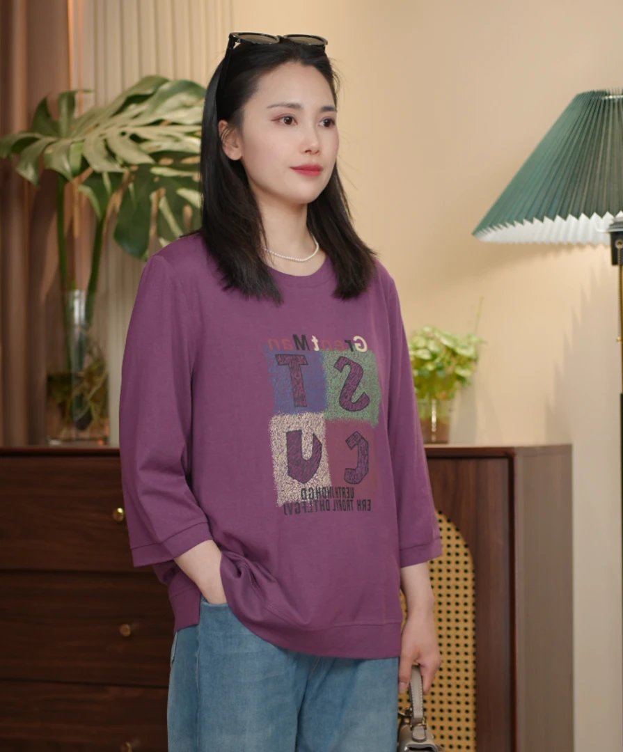 圆领字母常规宽松型七分袖T恤休闲百搭宽松半袖女士潮流