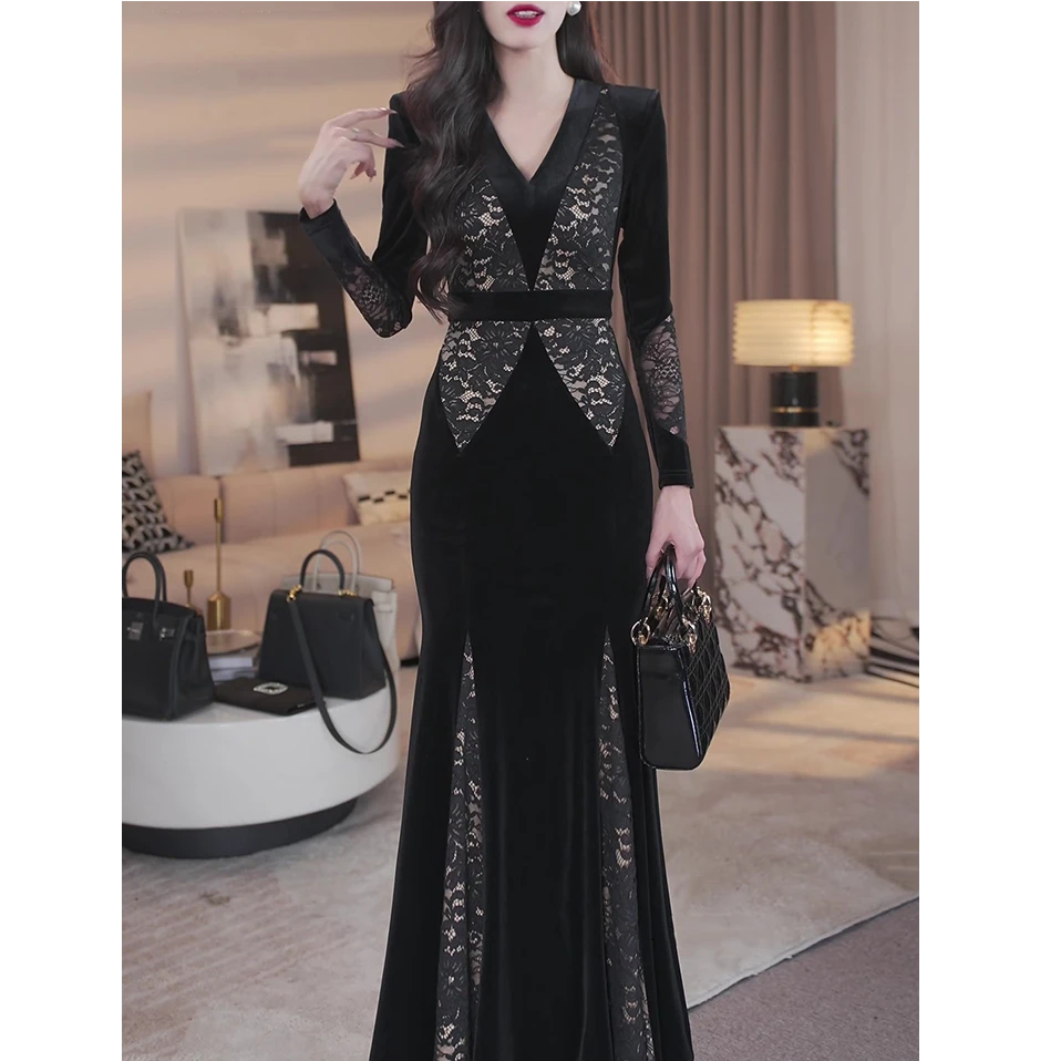 2025春秋季新款性感蕾丝气质修身连衣裙长袖拼接收腰显瘦鱼尾长裙