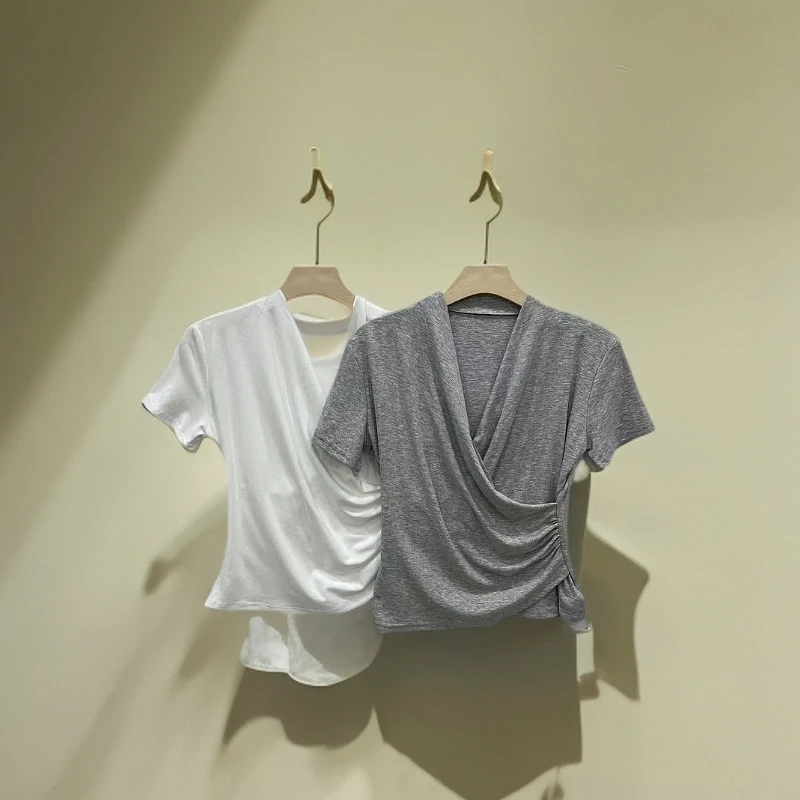 067设计感不规则T恤女装气质显瘦时尚百搭纯色T恤