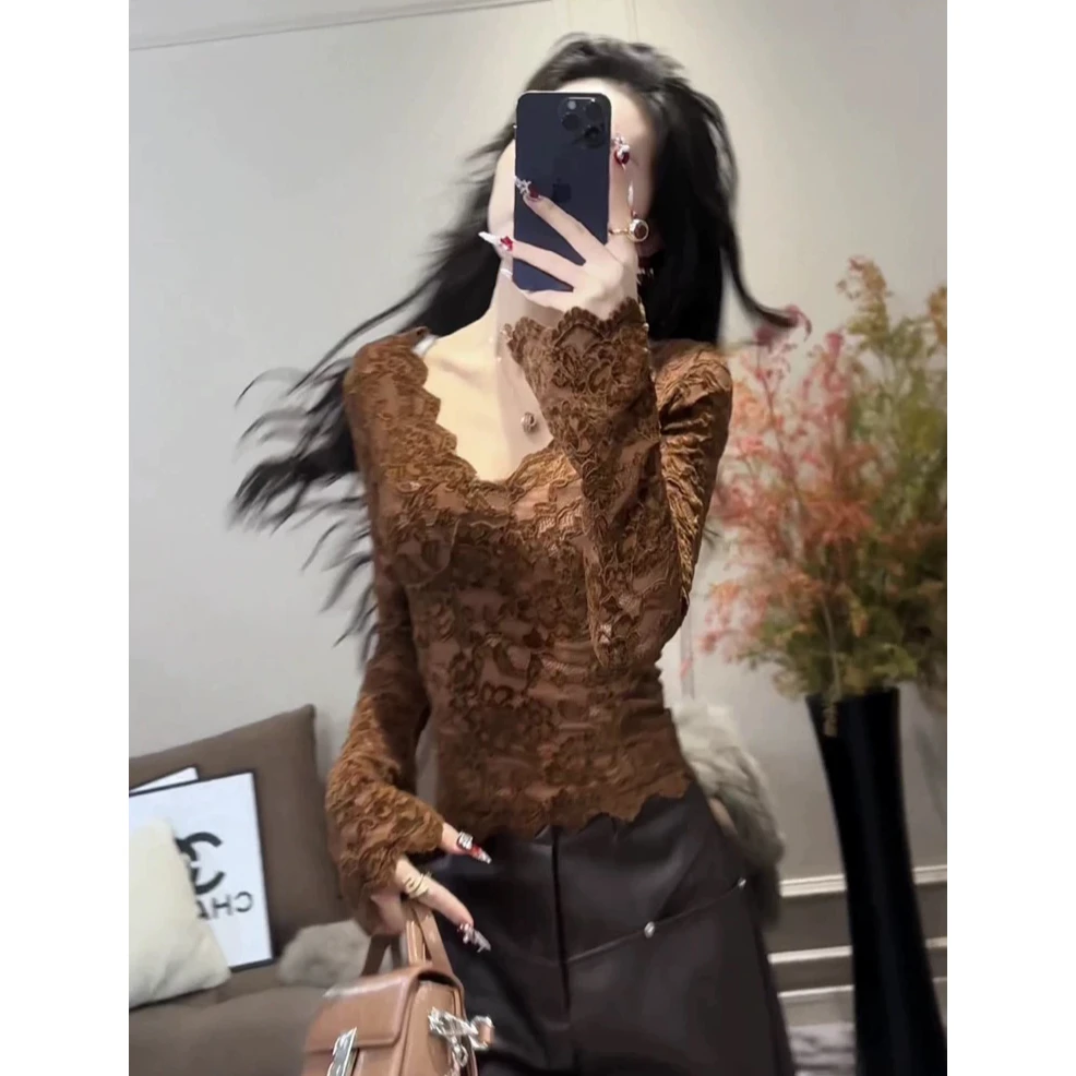 性感v领蕾丝打底衫女2025秋冬季纯欲风内搭修身小衫洋气长袖上衣