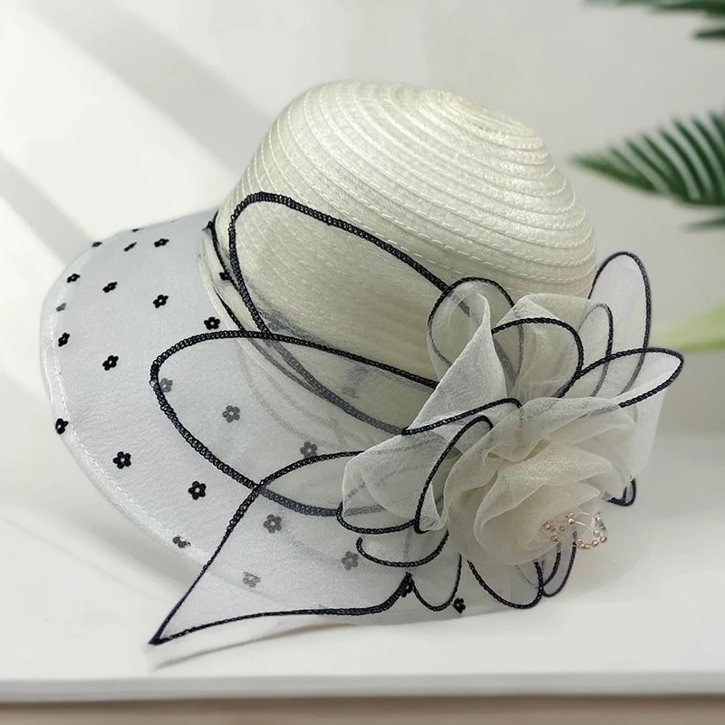 帽子欧根纱花朵帽夏季海边遮阳帽时尚气质优雅复古盆帽太阳帽