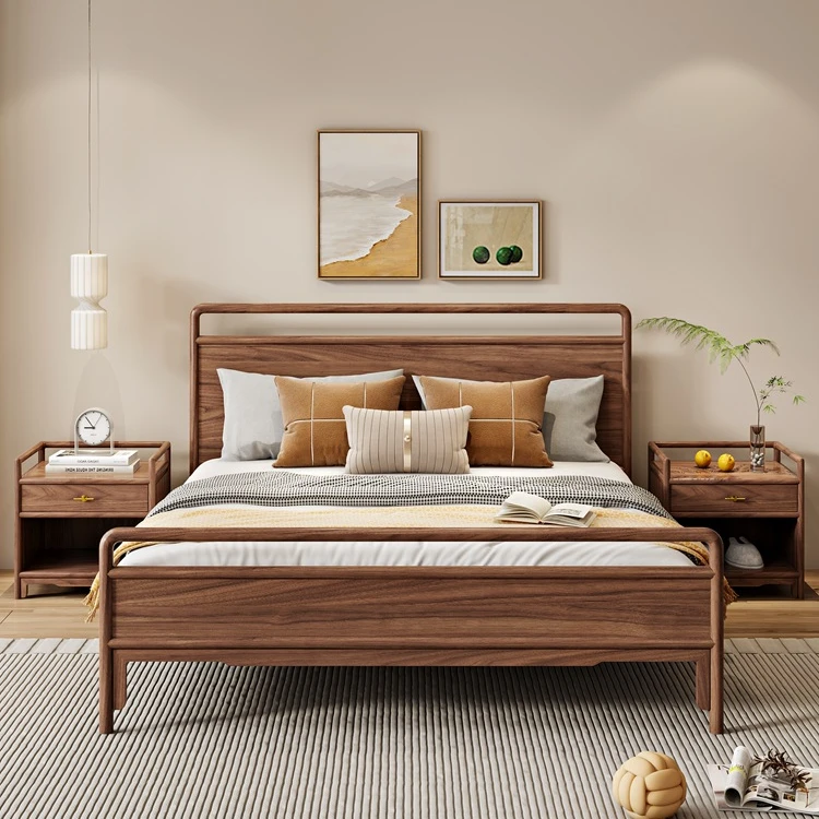新中式实木床禅意黑胡桃木双人床现代1.8米别墅民宿卧室婚床家具