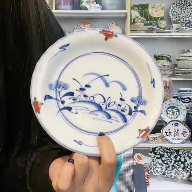 【2支】日本进口美浓烧赤绘兔子平盘16.5cm