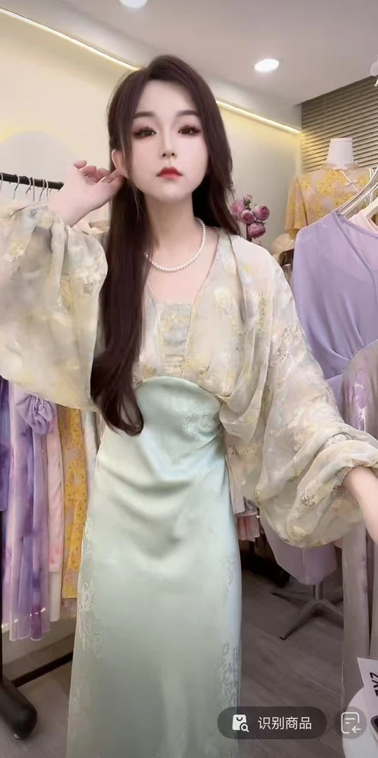 现550-2#提花缎面高腰连衣裙高级感时尚气质显瘦假两件裙子2025新